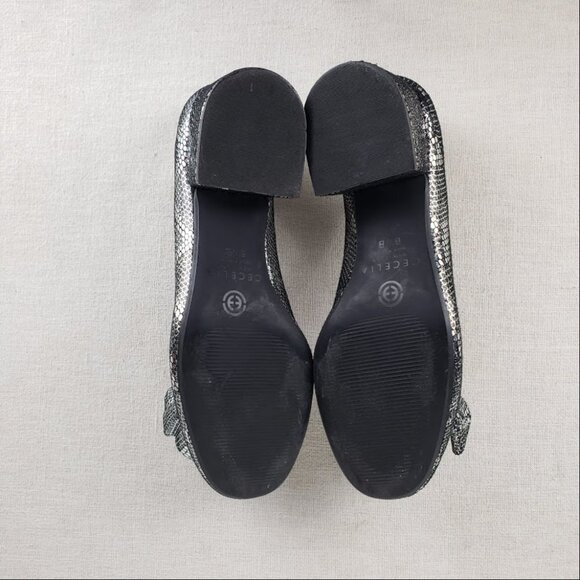 Cecelia New York Lilly Pumps Silver Metallic Snake Rosette Block Heel Size 6.5 - Picture 7 of 9